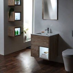 Homestylestore 612mm Light Oak Wall Hung Bathroom Vanity Unit Led Lit Open Shelf Marble Effect Basin - thumbnail 3