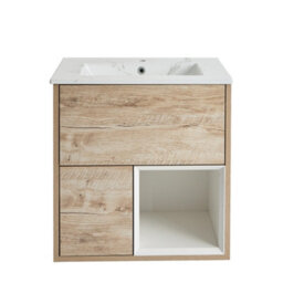 Homestylestore 612mm Light Oak Wall Hung Bathroom Vanity Unit Led Lit Open Shelf Marble Effect Basin