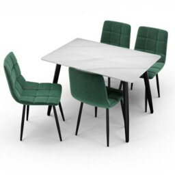 Urbn-Living Urbnliving 5Pcs White Matt Modern Ceramic Top Dining Table & Green Plush Velvet Chairs With Metal Legs - thumbnail 6
