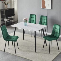 Urbn-Living Urbnliving 5Pcs White Matt Modern Ceramic Top Dining Table & Green Plush Velvet Chairs With Metal Legs