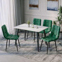 Urbn-Living Urbnliving 5Pcs White Matt Modern Ceramic Top Dining Table & Green Plush Velvet Chairs With Metal Legs - thumbnail 2