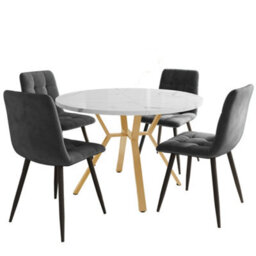 Btm Round Marble Dining Table Set With 4 Grey Velvet Chairs Gold Legs Modern 5 Piece Dining Set - thumbnail 3