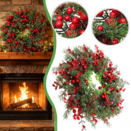 Amorly Artificial Holly Berry Christmas Wreath, Green Leaf Door Garland, Traditional Festival Hanging Ornament For Front Door Xmas Decor - thumbnail 1