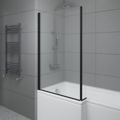 Sundaze 6mm Toughened Safety Glass L Shaped Shower Bath Screen Fixed Return Black - image 1