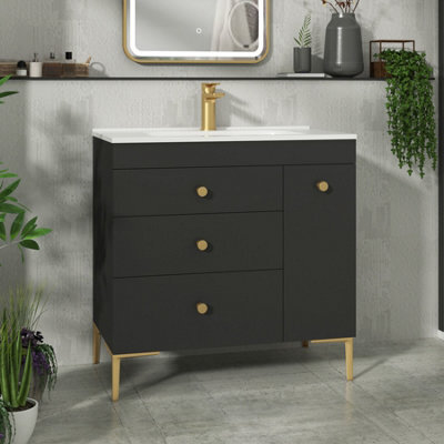 Royal Bathrooms Verona 800mm Black Floor Standing Vanity Unit 3 Drawer & Side Pull Out Storage With Ceramic Basin - Brass Knob - image 1