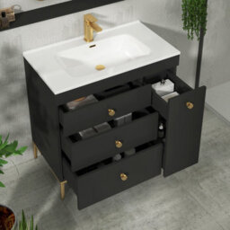 Royal Bathrooms Verona 800mm Black Floor Standing Vanity Unit 3 Drawer & Side Pull Out Storage With Ceramic Basin - Brass Knob - thumbnail 5