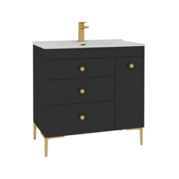 Royal Bathrooms Verona 800mm Black Floor Standing Vanity Unit 3 Drawer & Side Pull Out Storage With Ceramic Basin - Brass Knob - thumbnail 6