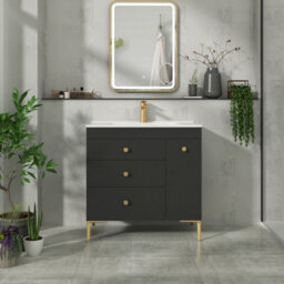 Royal Bathrooms Verona 800mm Black Floor Standing Vanity Unit 3 Drawer & Side Pull Out Storage With Ceramic Basin - Brass Knob - thumbnail 4