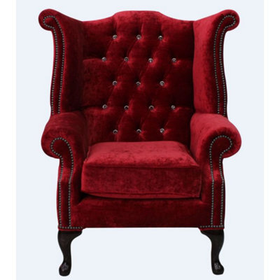 Chesterfield Crystal High Back Wing Chair Modena Pillarbox Red Real Velvet In Queen Anne Style - image 1