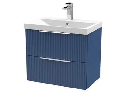 Hudson Reed Fluted Wall Hung 2-Drawer Vanity And Thin-Edge Basin, Contemporary Sink Vanity Unit, Satin Blue, 600mm - image 1