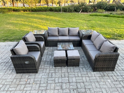Fimous High Back Rattan Garden Furniture Set With Square Coffee Table 2 Small Footstools 2 Side Tables Patio Lounge Sofa Set - image 1