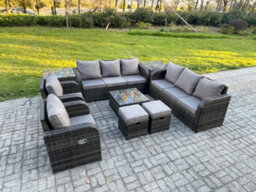 Fimous High Back Rattan Garden Furniture Set With Square Coffee Table 2 Small Footstools 2 Side Tables Patio Lounge Sofa Set - thumbnail 2