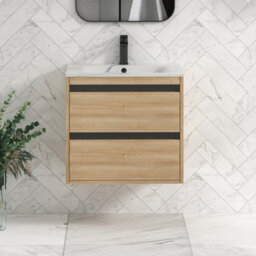 Royal Bathrooms Orion 600mm Natural Oak 2 Drawer Wall Hung Bathroom Vanity Unit With Carrara White Basin & Black Accent Trim - thumbnail 1