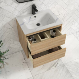 Royal Bathrooms Orion 600mm Natural Oak 2 Drawer Wall Hung Bathroom Vanity Unit With Carrara White Basin & Black Accent Trim - thumbnail 4