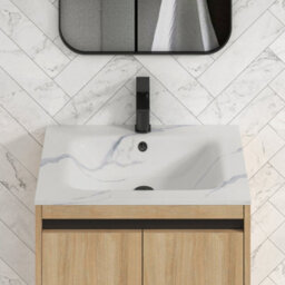 Royal Bathrooms Orion 600mm Natural Oak 2 Drawer Wall Hung Bathroom Vanity Unit With Carrara White Basin & Black Accent Trim - thumbnail 5