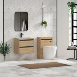 Royal Bathrooms Orion 600mm Natural Oak 2 Drawer Wall Hung Bathroom Vanity Unit With Carrara White Basin & Black Accent Trim - thumbnail 3