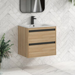 Royal Bathrooms Orion 600mm Natural Oak 2 Drawer Wall Hung Bathroom Vanity Unit With Carrara White Basin & Black Accent Trim - thumbnail 6