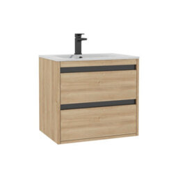 Royal Bathrooms Orion 600mm Natural Oak 2 Drawer Wall Hung Bathroom Vanity Unit With Carrara White Basin & Black Accent Trim - thumbnail 7