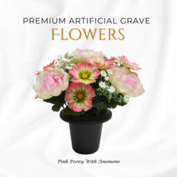 Premium Artificial Grave Flowers - 25Cm Pink Peony With Anemone Memorial Vase Pot