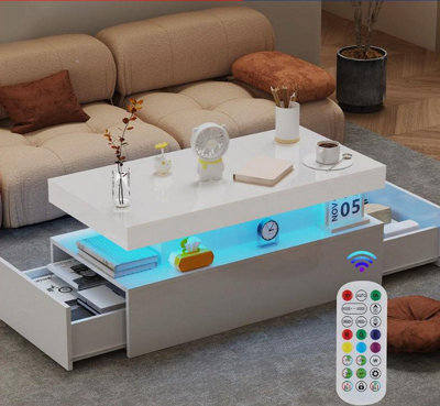 High Gloss Led Coffee Table With Storage Wooden 2 Drawer Living Room Furniture - image 1