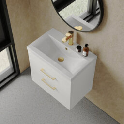 Balterley Millwich 2 Drawer Wall Hung Vanity Basin Unit - 600mm - Gloss White With Brushed Brass D-Shaped Handles (Tap Not Included) - thumbnail 5