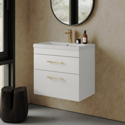 Balterley Millwich 2 Drawer Wall Hung Vanity Basin Unit - 600mm - Gloss White With Brushed Brass D-Shaped Handles (Tap Not Included) - thumbnail 6