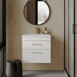 Balterley Millwich 2 Drawer Wall Hung Vanity Basin Unit - 600mm - Gloss White With Brushed Brass D-Shaped Handles (Tap Not Included) - thumbnail 2