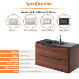 Plum&clay Eden Redwood Wall Hung Vanity Unit With Grey Glass Basin (W)900mm - thumbnail 7