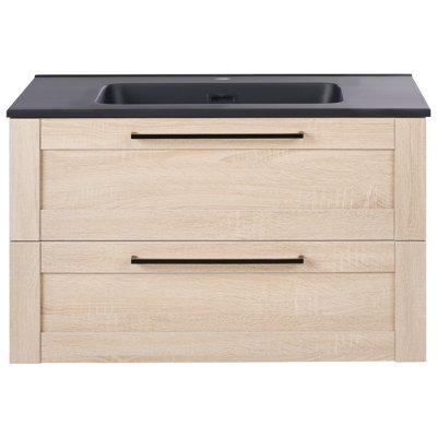 Wyld And Coco Wall-Mounted Vanity Unit With Black Resin Basin, Light Brown Wood-Grain Mdf, 80 X 47 Cm - image 1