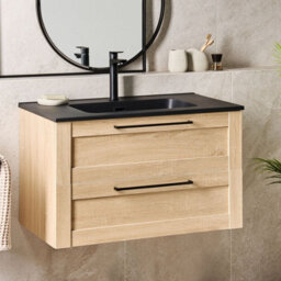 Wyld And Coco Wall-Mounted Vanity Unit With Black Resin Basin, Light Brown Wood-Grain Mdf, 80 X 47 Cm - thumbnail 2