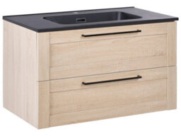 Wyld And Coco Wall-Mounted Vanity Unit With Black Resin Basin, Light Brown Wood-Grain Mdf, 80 X 47 Cm - thumbnail 3