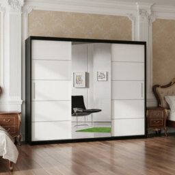 Astra 23 Modern Sliding Door Wardrobe Black White Bedroom Storage With Shelves And Hanging Rails Durable Laminated Finish