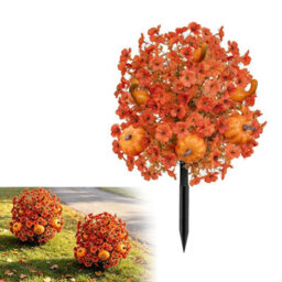 Amorly Autumn Artificial Topiary Ball Trees, Pumpkin Floral Topiary Ball With Ground Spike, Fake Shrubs Bushes, Faux Decor For Garden - thumbnail 1
