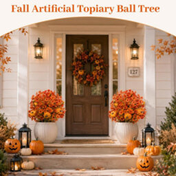 Amorly Autumn Artificial Topiary Ball Trees, Pumpkin Floral Topiary Ball With Ground Spike, Fake Shrubs Bushes, Faux Decor For Garden - thumbnail 3