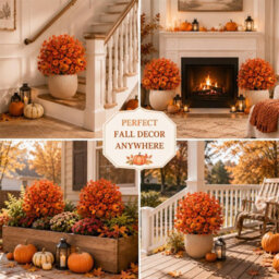 Amorly Autumn Artificial Topiary Ball Trees, Pumpkin Floral Topiary Ball With Ground Spike, Fake Shrubs Bushes, Faux Decor For Garden - thumbnail 7