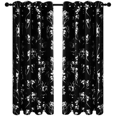 Deconovo Foil Printed Tree Blackout Curtains Eyelet Black W66 X L54 Inch 2 Panels