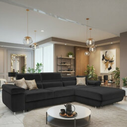 Torezio Mini L Shaped Sofa Bed With Adjustable Headrests Storage Dolfn Mechanism 280X170X70-90Cm Black Right - thumbnail 2