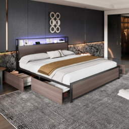 Btm Metal 4Ft6 Double Bed 135X190Cm With Led Strip Light 4 Drawers Usb Ports Type C Wrought Iron Grey - thumbnail 3