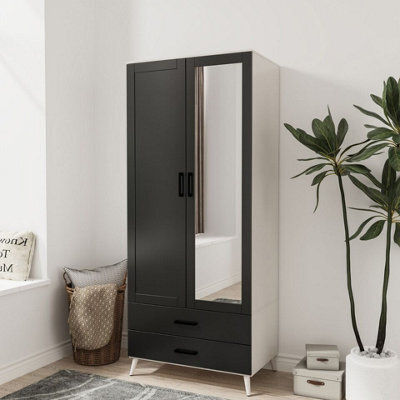 Urbn-Living Urbnliving 180Cm Height White Mirror Wardrobe With Black 2 Door 2 Drawer Bedroom Clothes Storage Hanging Rail - image 1