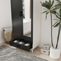 Urbn-Living Urbnliving 180Cm Height White Mirror Wardrobe With Black 2 Door 2 Drawer Bedroom Clothes Storage Hanging Rail - thumbnail 3