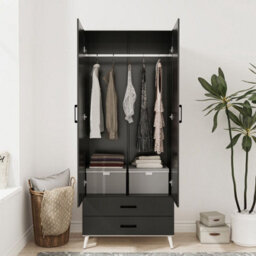 Urbn-Living Urbnliving 180Cm Height White Mirror Wardrobe With Black 2 Door 2 Drawer Bedroom Clothes Storage Hanging Rail - thumbnail 4