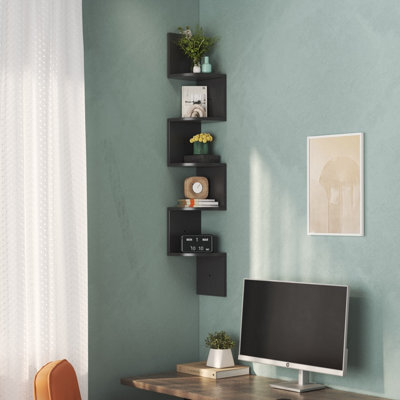 Living And Home 5-Tier Black Zigzag Radial Floating Wooden Corner Wall Shelf Display Storage Wall Unit - image 1