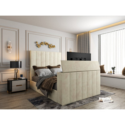 Vogue Upholstered Soft Velvet Line  Cream Tv Bespoke Bed Frame - image 1