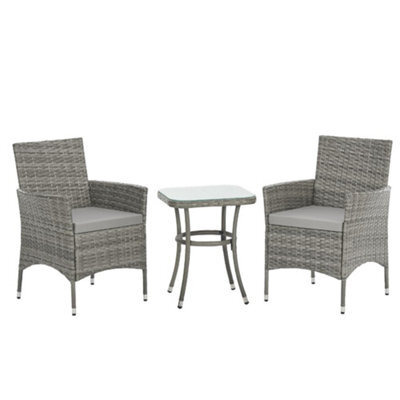 Evre Copenhagen Grey Outdoor Rattan Garden Bistro Set 2 Seater Wicker Table & Chairs Furniture With Cushions Glass Coffee Table - image 1