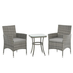Evre Copenhagen Grey Outdoor Rattan Garden Bistro Set 2 Seater Wicker Table & Chairs Furniture With Cushions Glass Coffee Table - thumbnail 1