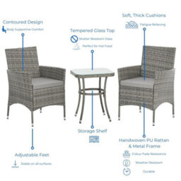 Evre Copenhagen Grey Outdoor Rattan Garden Bistro Set 2 Seater Wicker Table & Chairs Furniture With Cushions Glass Coffee Table - thumbnail 3