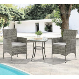 Evre Copenhagen Grey Outdoor Rattan Garden Bistro Set 2 Seater Wicker Table & Chairs Furniture With Cushions Glass Coffee Table - thumbnail 2
