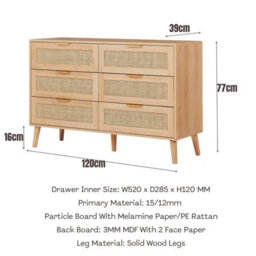 Rattan Chest Of 6 Drawers, Clothing Storage Cabinet - Natural - thumbnail 2
