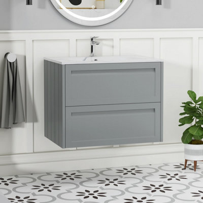 Royal Bathrooms Elmore 700mm Traditional Wall Hung 2 Drawer Bathroom Vanity Unit With Sintered Stone Basin Sink - Matt Pebble Grey - image 1