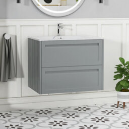 Royal Bathrooms Elmore 700mm Traditional Wall Hung 2 Drawer Bathroom Vanity Unit With Sintered Stone Basin Sink - Matt Pebble Grey - thumbnail 1